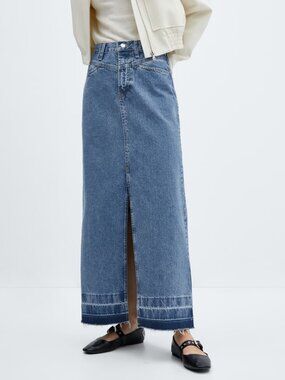 MNG Blue Denim Maxi Skirt Size L Front Slit Open Hem Cotton Size L